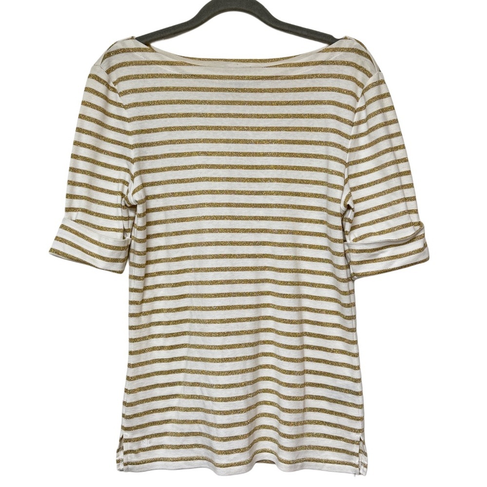 {Ralph Lauren} White Gold Glitter Stripe Boat Neck Holiday Christmas T-Shirt Top